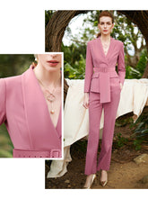 Pink V-Neck Two Piece Business Pants Suits Set - FashionByTeresa